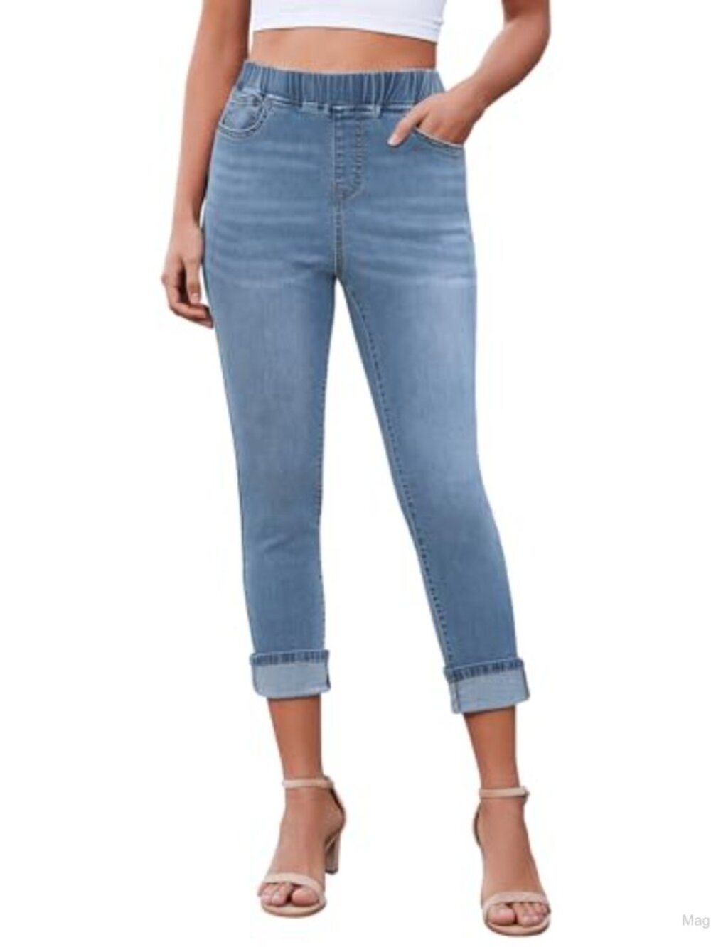 High Waisted Pull On Capri Jeggings Skinny Fit Stretch Denim